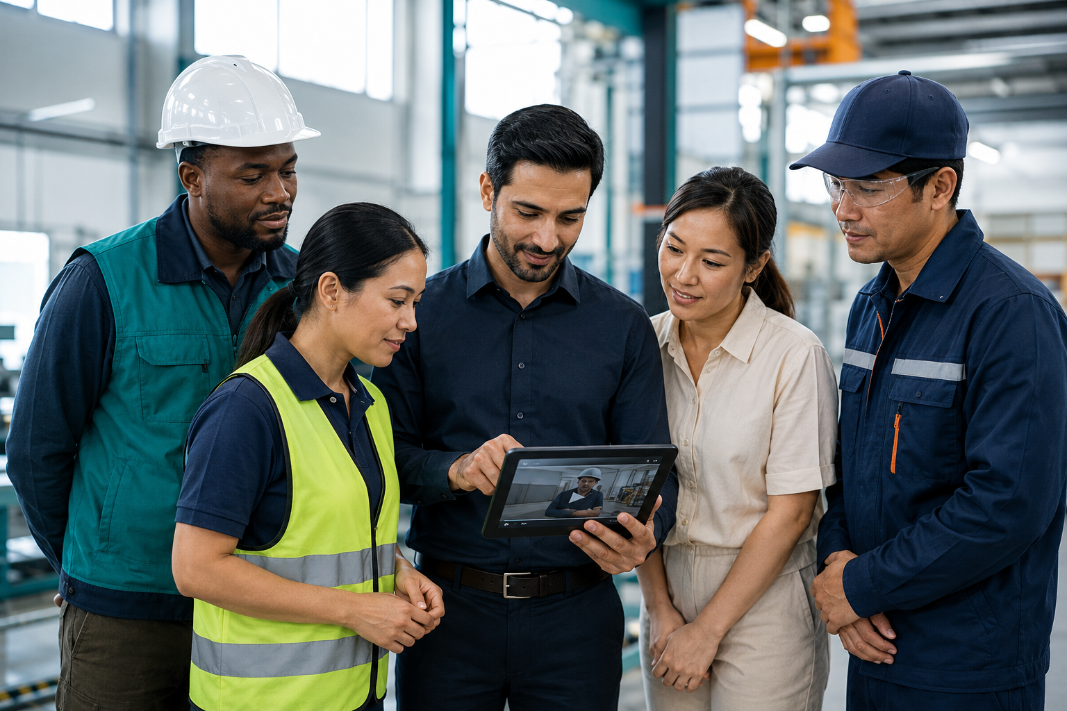 A diverse workforce team completing practical video training on a tablet