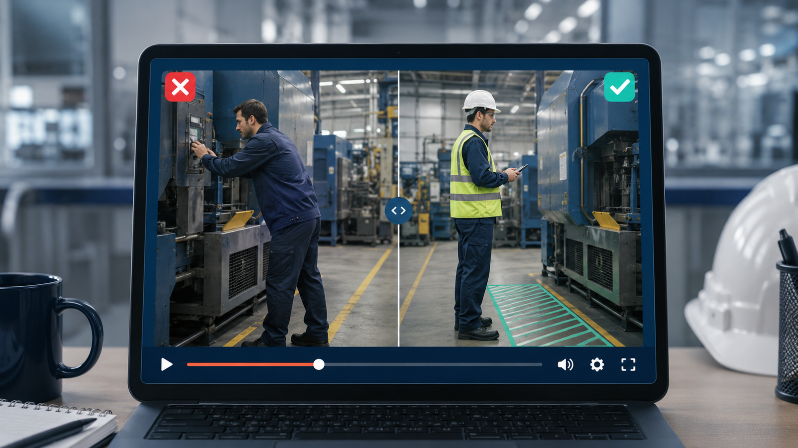 Interactive workplace training video comparing wrong and correct safety actions